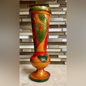 Vintage Hand Carved Wooden Pedestal Vase With Fish Design 8.5” Excellent Cond.